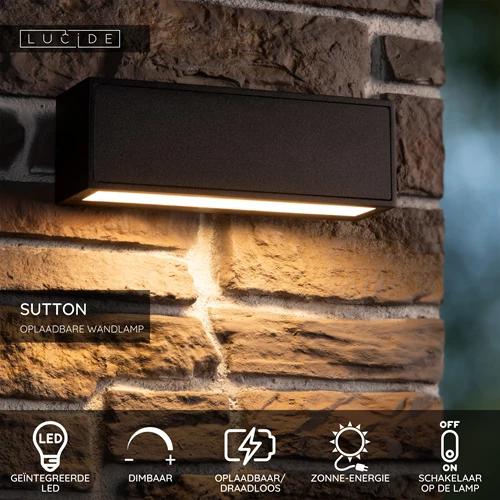 Lucide SUTTON - Wandlamp - Zonne-energie - LED Dimb. - 1x2W 2850K/3150K - IP54 - Beweging & dag/nacht sensor - Zwart - USP